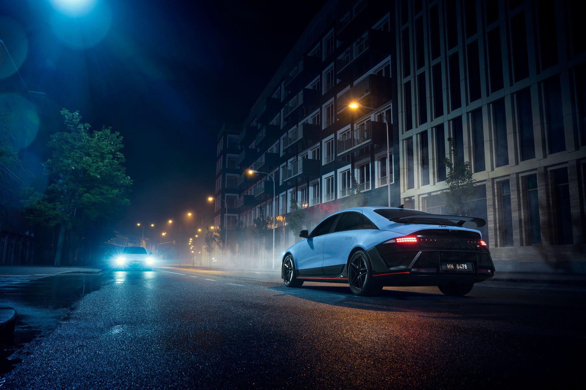 IONIQ 6 N at night, from behind