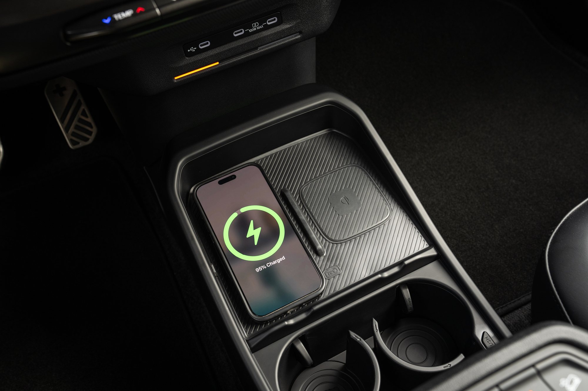 The centre console, with both wireless charging pads