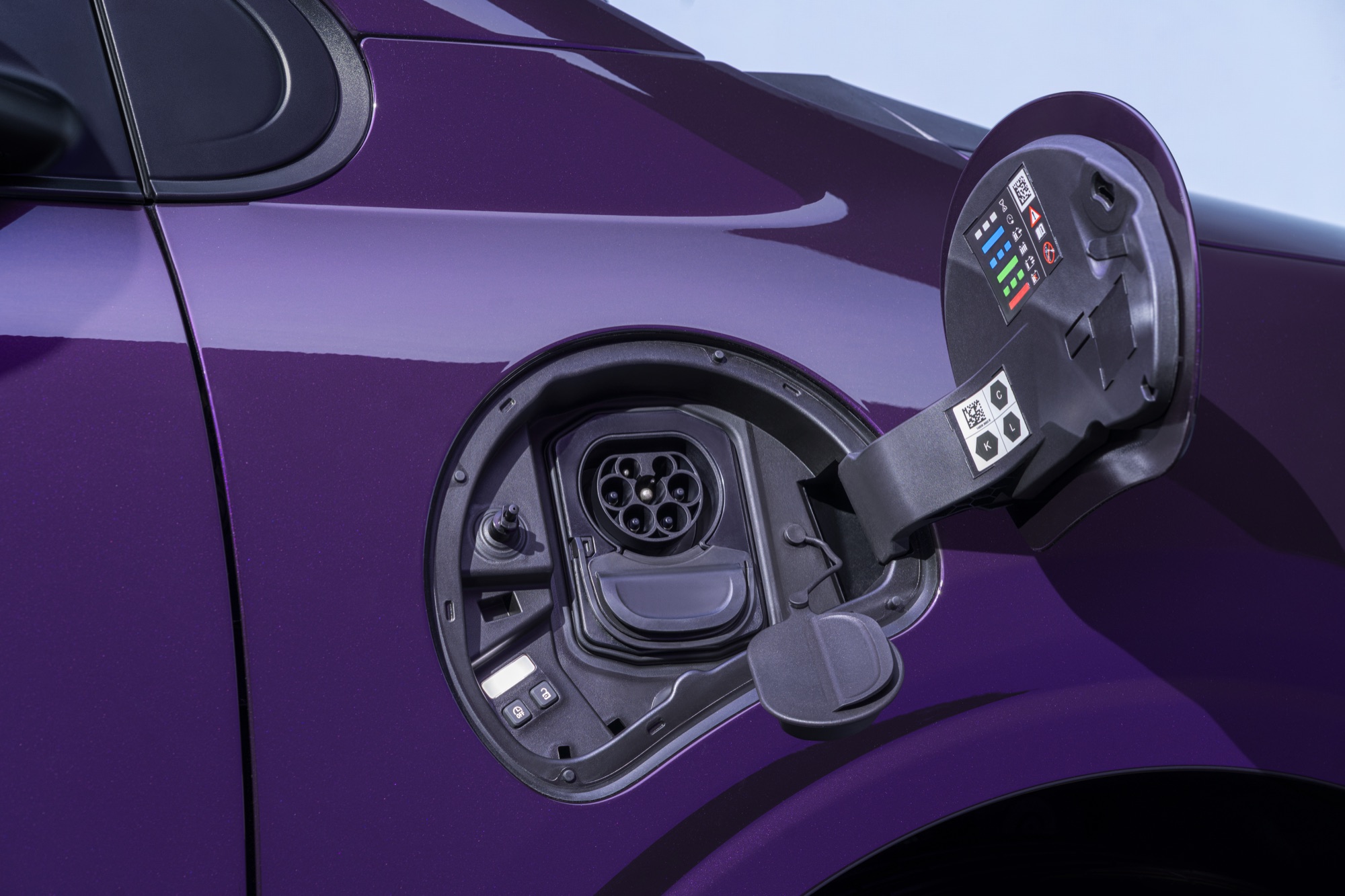 The charging socket: Type 2, with the CCS pins under the flap below
