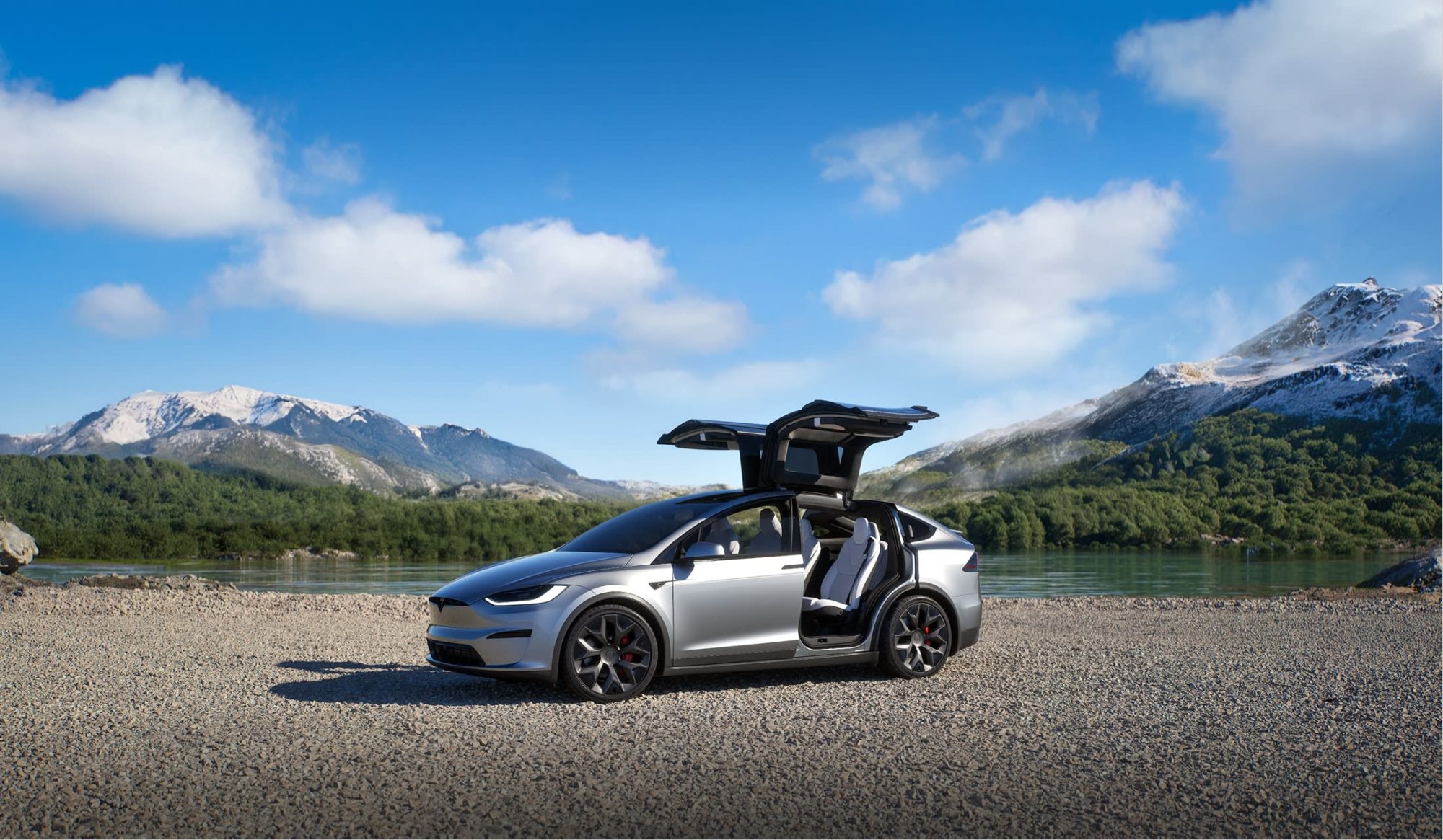 The Tesla Model X with its falcon doors up