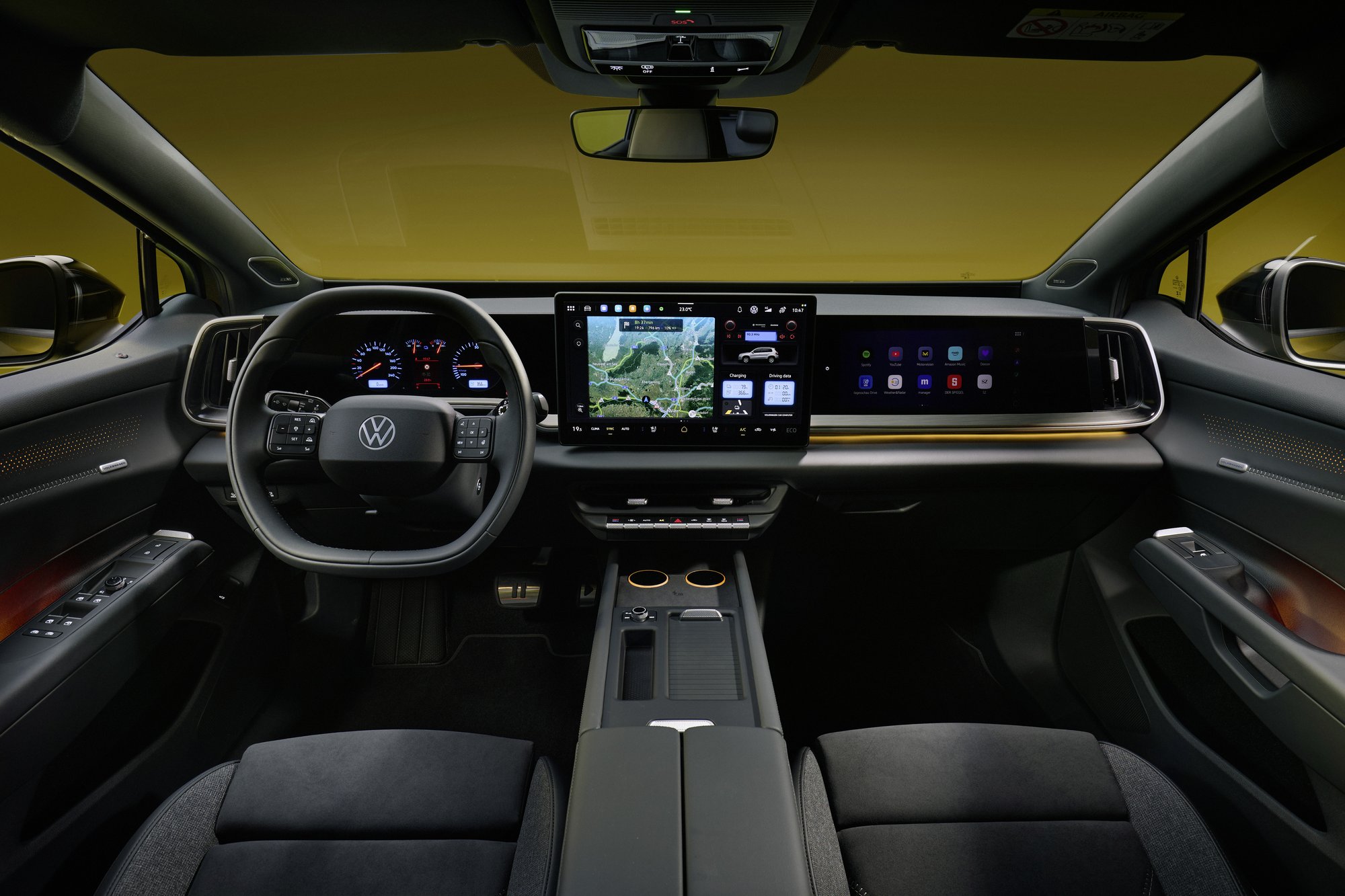 Physical buttons for the climate controls and on the steering wheel